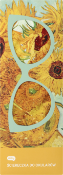 Ściereczka eloy do okularów, z miętowym konturem okularów, przez który prześwituje obraz słoneczników Van Gogha, front.