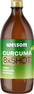 WELSOM CURCUMA 8xSHOT, brązowa szklana butelka z zieloną etykietą, widok z przodu. Zdrowy shot imbir, kurkuma, cytryna.