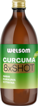 WELSOM CURCUMA 8xSHOT, brązowa szklana butelka z zieloną etykietą, widok z przodu. Zdrowy shot imbir, kurkuma, cytryna.