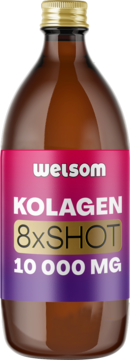 Brązowa butelka welsom KOLAGEN 8xSHOT 10 000 MG z różowo-fioletową etykietą i złotą zakrętką, widok z przodu.