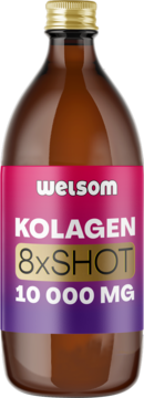 Brązowa butelka welsom KOLAGEN 8xSHOT 10 000 MG z różowo-fioletową etykietą i złotą zakrętką, widok z przodu.