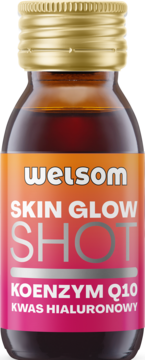 Welsom Skin Glow Shot, mała brązowa butelka z koenzymem Q10 i kwasem hialuronowym, złota zakrętka, widok z przodu.