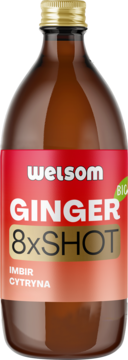 Welsom Ginger 8xSHOT, brązowa butelka z czerwoną etykietą i złotą zakrętką, napój imbir cytryna, widok z przodu.
