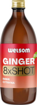 Welsom Ginger 8xSHOT, brązowa butelka z czerwoną etykietą i złotą zakrętką, napój imbir cytryna, widok z przodu.