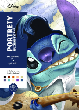 Książka Disney Portrety Zagadkowe Iluzje Optyczne ze Stitchem grającym na ukulele, okładka z efektem optycznym.