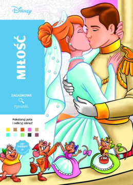 Kolorowanka Disney Miłość z Kopciuszkiem i Księciem w ślubnych strojach, myszki, widok z przodu. Książka z łamigłówkami.