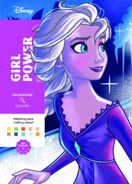 Okładka książki do kolorowania Disney z Elsą z Krainy Lodu, widoczny napis „Girl Power” i paleta barw.