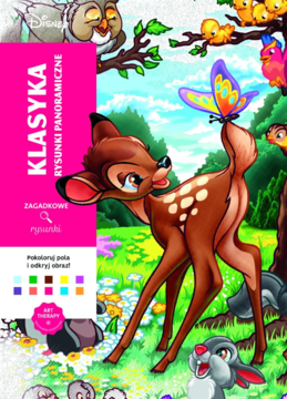 Kolorowanka Disney "Klasyka: Rysunki Panoramiczne" z Bambi, Tupkiem i Kwiatkiem na tle lasu z motylem.