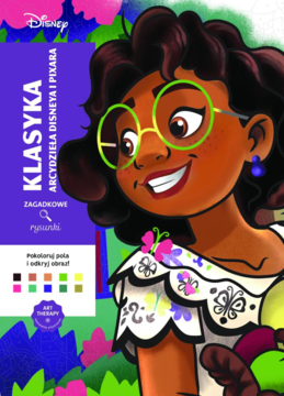 Disney Klasyka: Encanto, książka z zagadkami. Uśmiechnięta Mirabel w okularach, z napisem Pokoloruj pola i odkryj obraz!