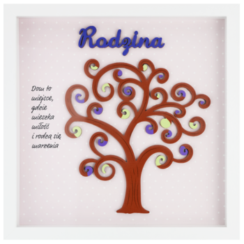Biały obraz 3D "Rodzina": brązowe drzewo życia, zielone i fioletowe ozdobne owoce, niebieski napis, tekst.