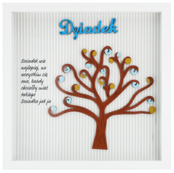Ramka prezent dla Dziadka z drzewem życia, napisem 'Dziadek' i cytatem. Brązowe drzewo, niebieskie detale.