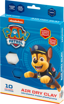Opakowanie Paw Patrol Air Dry Clay, ultralekkiej masy plastycznej w 10 kolorach. Niebieskie pudełko z Chase'em, widok z przodu.