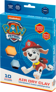 Niebieskie opakowanie Nickelodeon Paw Patrol Air Dry Clay z Marshallem i próbkami gliny, 10 kolorów.