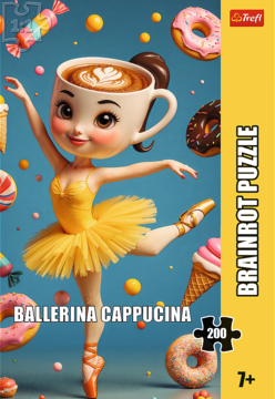 Puzzle Trefl Ballerina Cappucina, 200 elementów. Tancerka z głową-filiżanką kawy, w żółtej spódnicy, wśród słodkości.