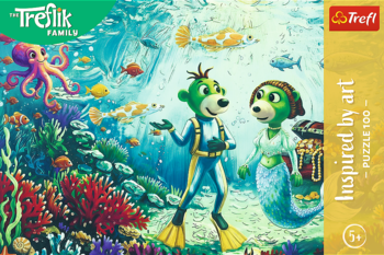 Puzzle Treflik Family, 100 el. Nurkujący Treflik i siostra-syrenka w podwodnym świecie z kolorowym koralem i rybami.