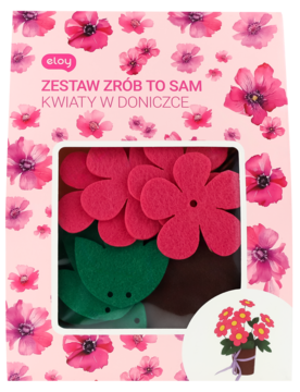 Zestaw kreatywny Eloy 'Zrób to sam' Kwiaty w doniczce, różowe opakowanie z okienkiem pokazującym filcowe elementy.
