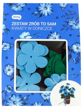 Zestaw Eloy Zrób To Sam Kwiaty w Doniczce, niebieskie filcowe kwiaty i zielone liście widoczne w pudełku.