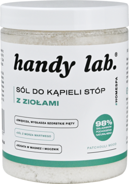 Biały słoik soli do kąpieli stóp handy lab. Patchouli Mood, widok z przodu, z ziołami i 98% składników nat.
