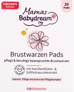 Babydream Mamas płatki na brodawki, 20 sztuk. Różowe opakowanie z rumiankiem i lukrecją, widok z przodu, limitowana edycja.
