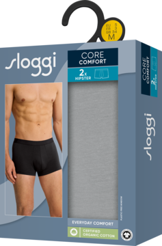 Opakowanie 2x szarych męskich hipsterek Sloggi Core Comfort z bawełny organicznej M, z modelem. Wisi na wieszaku.