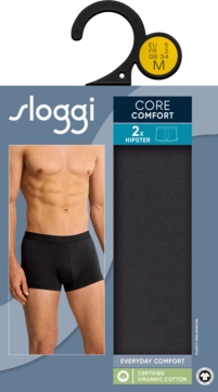Sloggi Men Core Comfort hipstery 2-pak, czarne, w kartonowym opakowaniu z wizerunkiem modela, rozmiar M.