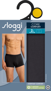 Sloggi Men Core Comfort 2-pak czarnych bokserek hipster z organicznej bawełny, widoczne opakowanie i model.