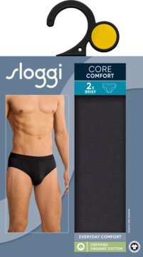 Opakowanie majtek męskich Sloggi Core Comfort Brief 2-pak, czarnych z bawełny organicznej, widok z przodu.