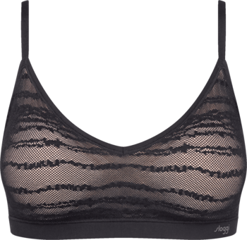 Czarny koronkowy biustonosz Sloggi Free Evolve Push Up Lace, z wzorem zebra na cielistym tle, widok z przodu.