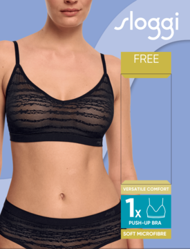 Sloggi Free Evolve Push Up Lace: czarny biustonosz bez fiszbin z koronką, na modelce, z dopasowanymi figami.