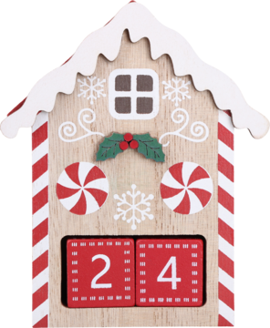 Drewniany kalendarz adwentowy w kształcie piernikowego domku, z białym lukrem i datą 24, widok z przodu.