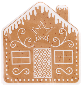 Talerz w kształcie piernikowego domku z białym lukrem, widok z przodu. Brązowy z białymi detalami i gwiazdą.