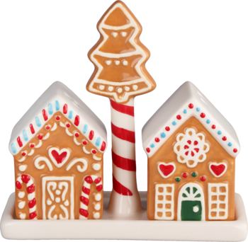 Świąteczny zestaw solniczek i pieprzniczek: dwa domki z piernika, choinka, biało-czerwone detale, na podstawce.