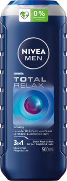 NIVEA MEN Total Relax żel 3w1 lawenda i cedr, ciemnoniebieska butelka, 0% mikroplastiku, widok z przodu.