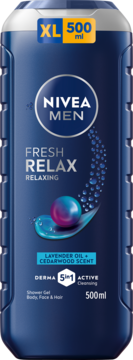 NIVEA MEN Fresh Relax żel pod prysznic 500ml, ciemnoniebieska butelka z lawendą i cedrem, 5w1, widok z przodu.