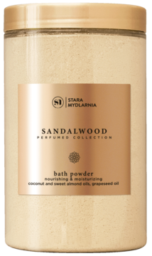 Stara Mydlarnia Sandalwood bath powder, nawilżający, w przezroczystym słoiku z etykietą w odcieniach brązu, widok z przodu.