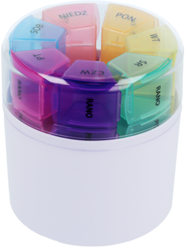 Okrągły biały organizer na leki, 7 kolorowych pojemników na dni tygodnia z napisem 'RANO', widok z góry.