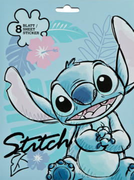 Bloczek naklejek Stitch z 8 arkuszami (1 metaliczny), niebieskie tło z tropikalnym wzorem, uśmiechnięty Stitch. Eurootwór.