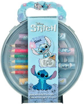 Zestaw kreatywny Disney Stitch w niebieskim, przezroczystym opakowaniu z kredkami, naklejkami i kolorowanką.