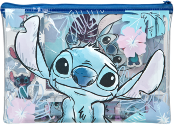 Zestaw do notatek Stitch: przezroczysta torba PVC z uśmiechniętym Stitchem i tropikalnymi liśćmi, widok z przodu.