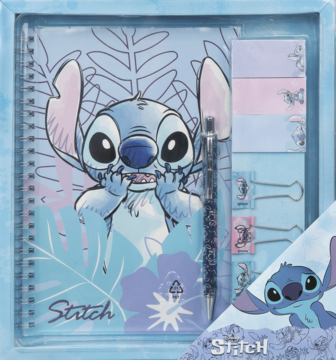 Błękitne pudełko prezentowe z zestawem papierniczym Stitch: notes A5, długopis, spinacze i karteczki samoprzylepne.