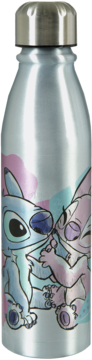 Aluminiowa butelka 600ml, srebrna, z grafiką całujących się Stitcha i Angel. Widok z przodu.