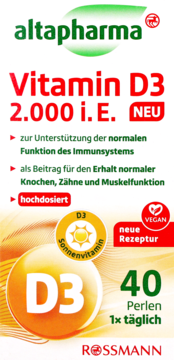 Altapharma Witamina D3 2.000 j.m. w biało-pomarańczowym opakowaniu, widok z przodu, z napisem NEU i VEGAN, 40 perełek.