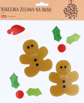 Naklejki żelowe na okno: dwa piernikowe ludziki, zielone ostrokrzewy, czerwone jagody i czapka Mikołaja. Widok z góry.