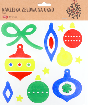 Zestaw świątecznych naklejek żelowych na okno w opakowaniu: kolorowe bombki, gwiazdki, kokarda, przód.