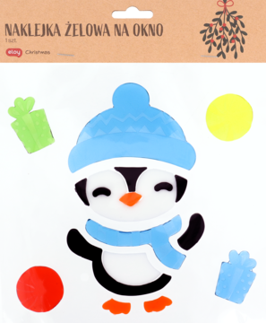 Świąteczna naklejka żelowa na okno: uśmiechnięty pingwin w niebieskiej czapce i szaliku, z prezentami.