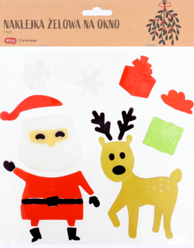 Żelowe naklejki świąteczne na okno: czerwony Mikołaj, żółty renifer, prezenty i białe płatki, w opakowaniu.