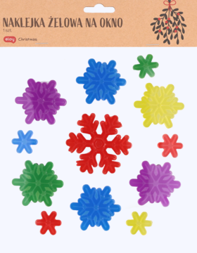 Zestaw żelowych naklejek na okno w kształcie kolorowych śnieżynek: czerwone, niebieskie, żółte, zielone i fioletowe.