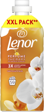 Lenor Gold Orchid & Vanilla płyn do płukania XXL PACK, złota butelka z orchideami, widok z przodu.