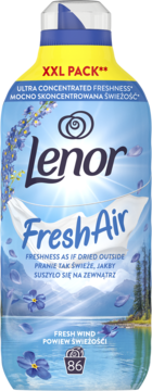 Lenor Fresh Air płyn do płukania, XXL, 86 prań, niebieska butelka z jeziorem, górami i suszącym się praniem.