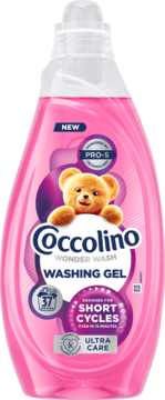 Różowy żel do prania Coccolino Wonder Wash Ultra Care PRO-S do krótkich cykli, butelka 37 prań, widok z przodu.